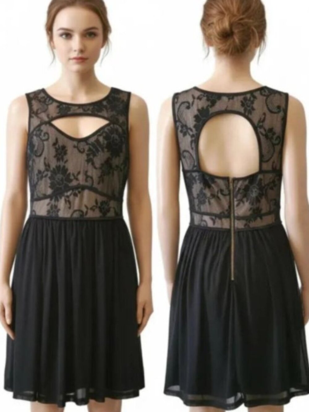 UP by Ultra Pink Women's Black Tan Lined Bodice Lace Cut-Out Dress Size Medium